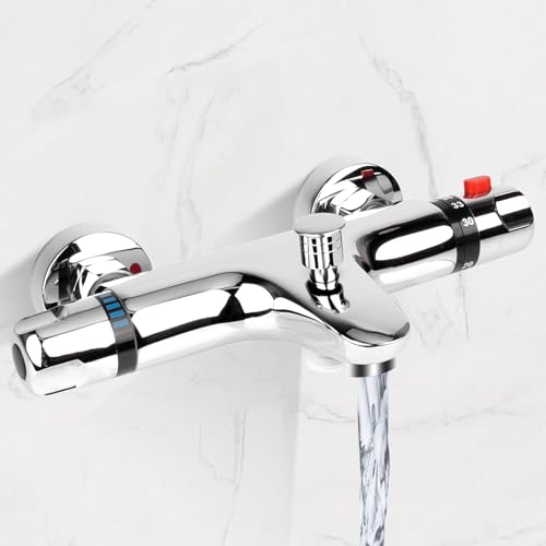 Badewannenarmatur mit Thermostat,2 Auslässen Duscharmatur Aufputz Thermostat Dusche mit 38°C Sicherheitstaste,Chrom Mischbatterie Brausethermostat zur Regelung der Warm- und Kalttemperatur (20°-50°C) von JABNOW