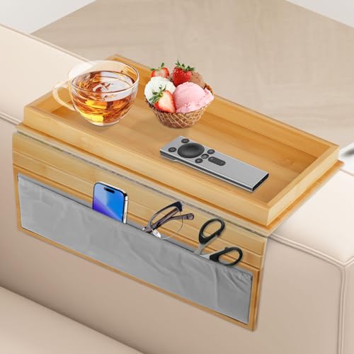 Faltbares Sofatablett Armlehne, Bamboo Couch Tablett Ablage mit Anti Rutsch Kissen, Mit Einer Aufbewahrungstasche Couch Armlehnentisch für Snacks Handy Tassen (45.5 x 34cm) von JABNOW