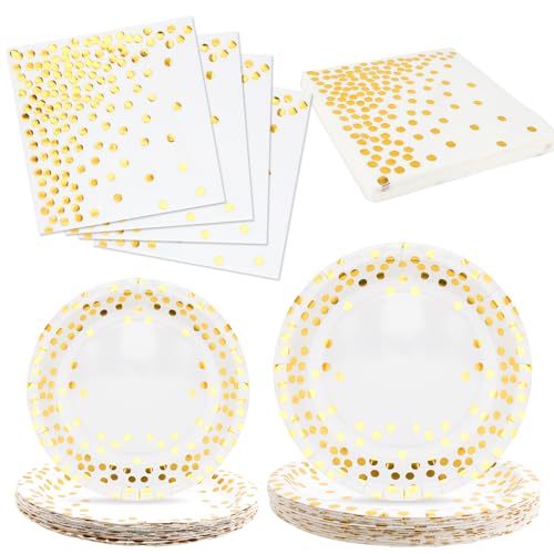 JABNOW Partyteller Pappteller, 20 Stück 7 Zoll und 20 Stück 9 Zoll Weiß Gold Partyteller mit Servietten, Einweg Partygeschirr Set für 20 Gäste zum Geburtstag Hochzeit Jubiläum Picknick von JABNOW