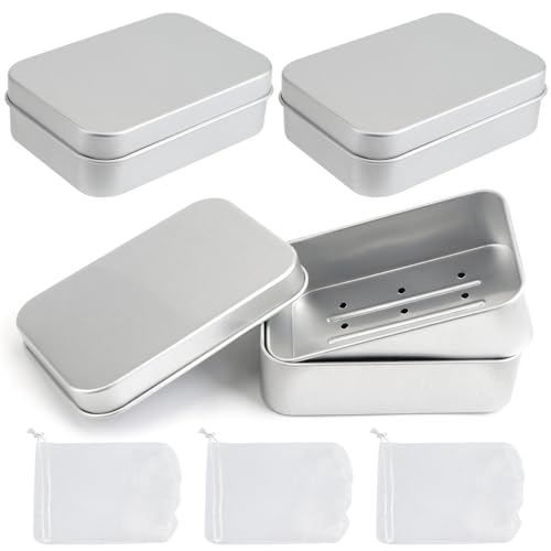 Seifendose Reise 3 Stück Aluminium Seifenbox mit Abtropfgitter, Klein Wasserdicht Seifenschale mit Deckel, Tragbar Reise Seifenbehälter für Feste Seife Dusche Zuhause Outdoor Camping(10 * 7.1 * 3cm) von JABNOW