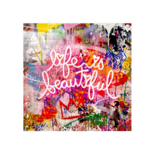 Banksy-Kunstwerk, Leinwandgemälde, Graffiti-Kunst, Life is Beautiful, Poster, Drucke, Wandkunst, Bilder für Wohnzimmer, Heimdekoration, 80 x 80 cm, rahmenlos von JACBON