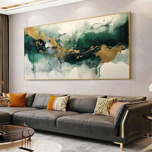 Grünes, weißes und goldenes abstraktes Ölgemälde, Marmor-Wandkunst, Bild für Wohnzimmer, Leinwand, moderne Kunst, Posterdruck, Dekor, 80 x 160 cm, rahmenlos von JACBON