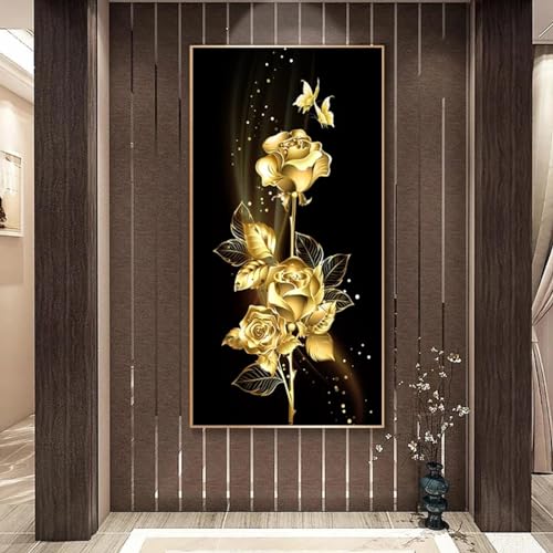 JACBON Abstrakte goldene Blätter, goldene Rose, Schmetterling, Blumen-Ölgemälde auf Leinwand, Poster, Drucke, Wandkunst, Bild, fertig zum Aufhängen, 70 x 140 cm (28 x 55 Zoll) Innenrahmen von JACBON