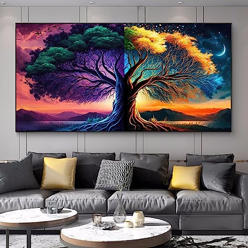 JACBON Abstraktes, fantastisches Lebensbaum-Canva-Gemälde, moderne, farbenfrohe Baum-Landschaftsposter, Drucke für Wohnzimmer, Heimdekoration, 50 x 100 cm, rahmenlos von JACBON