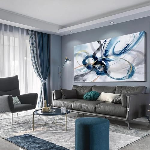 JACBON Abstraktes, modernes, großes Wandbild mit blauem Liniendesign, Poster und Drucke, blau-weißes Leinwandbild, Kunstwerk, Leinwandbild, 40 x 80 cm (16 x 31 Zoll), Innenrahmen von JACBON
