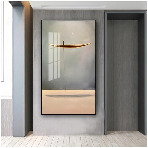 JACBON Drucken Sie nordische Wandkunst, Bild, Wohnzimmerdekoration, goldenes Boot, abstrakte Leinwandmalerei, minimalistisches Landschaftskunstwerk, Poster, 70 x 140 cm (28 x 55 Zoll) Innenrahmen von JACBON