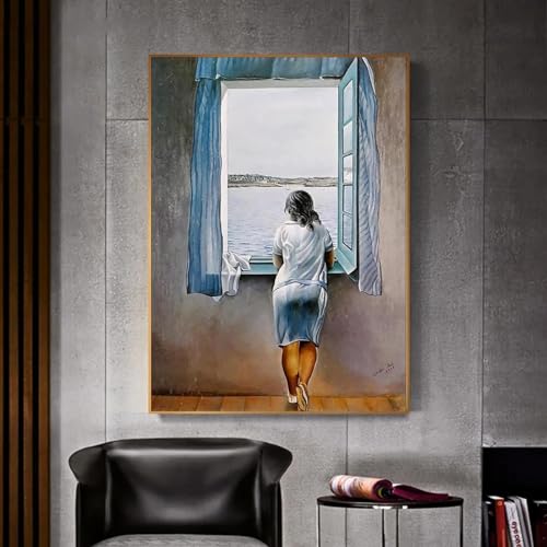 JACBON Gemälde „Mädchen am Fenster“, Leinwanddruck, Poster, Salvador Dali, Wandkunst, Frau, Meeresblau, Bild für Wohnzimmer, Heimdekoration, 40 x 60 cm, rahmenlos von JACBON