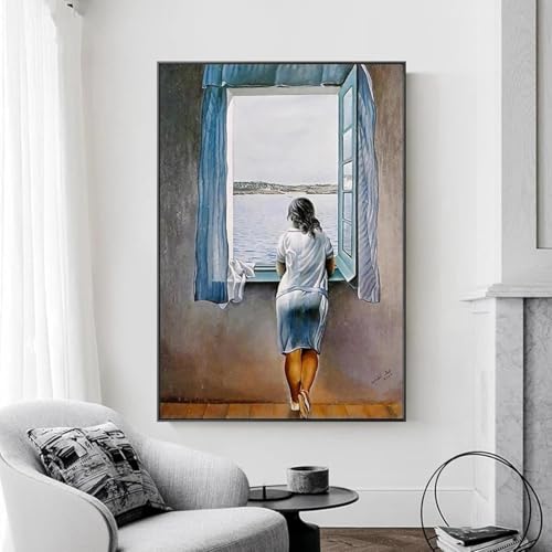 JACBON Leinwanddruck, Poster, Mädchen am Fenster, Gemälde, Salvador Dali, Wandkunst, Frau, Meerblau, Bild für Wohnzimmer, Heimdekoration, 40 x 60 cm (16 x 24 Zoll), Innenrahmen von JACBON