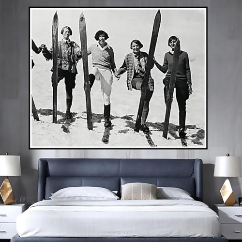 JACBON Schnee Skifahren Frauen Skifahrer Berg Schwarz Weiß Foto Leinwand Gemälde Wandkunst Poster Dekor Bild Dekor für Wohnzimmer 20 x 30 cm rahmenlos von JACBON