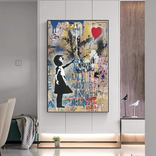 Leinwandgemälde, Graffiti-Kunst, Banksy-Mädchen mit rotem Ballon, Poster und Drucke, Straßen-Wandkunst, Bild, Wohnzimmerdekoration, 60 x 90 cm (24 x 35 Zoll), rahmenlos von JACBON
