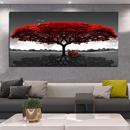 Moderne rote Baumzweig-Landschaftsgemälde für Wohnzimmer, schwarz-weiße Kunst, moderne abstrakte Dekorbilder, fertig zum Aufhängen, 30 x 60 cm (12 x 24 Zoll), rahmenlos von JACBON
