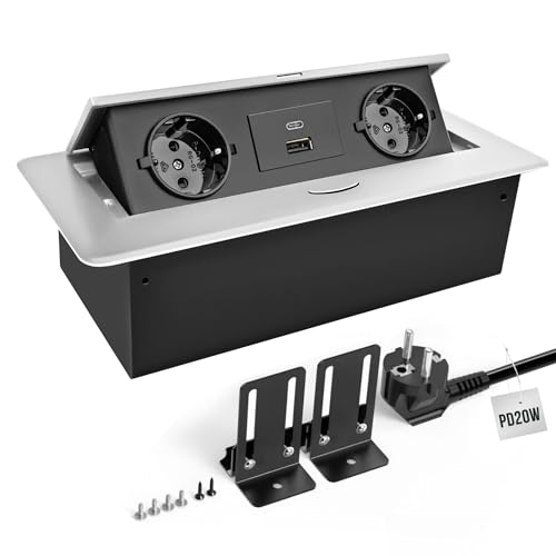 JACEPFY Versenkbare Steckdose Einbausteckdose mit PD20W USB-C Schnellladefunktion Tischsteckdose für Schreibtisch Küchenarbeitsplatte, Silber von JACEPFY