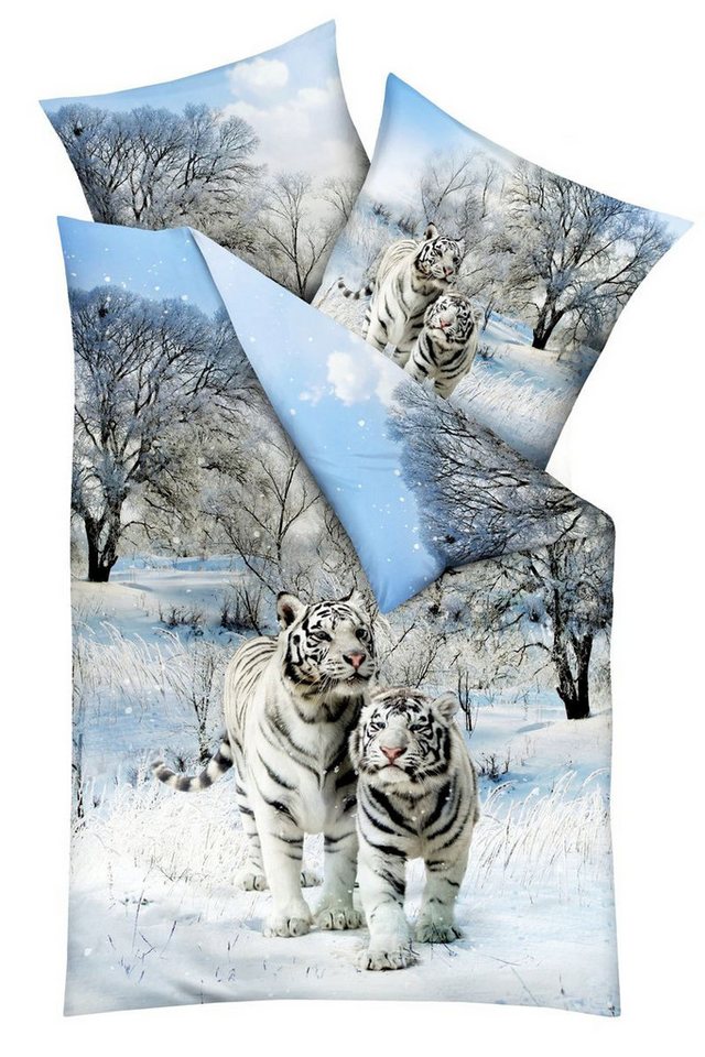 Bettwäsche Schnee Tiger Raubkatze Winter Schnee Kaeppel, JACK, Mako-Satin, 2 teilig, hochwertiger Digitaldruck, elegantes Schneetigermotiv, Baumwolle von JACK