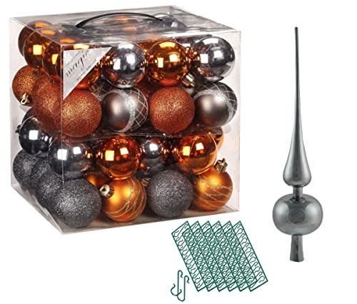 JACK 64x Kunststoff Christbaumkugeln Ø 6cm + Spitze 28cm inkl. Aufhänger Dekor Kugeln Set Weiß Rot Gold Grün Blau Silber, Farbe:Orange-Anthrazit von JACK