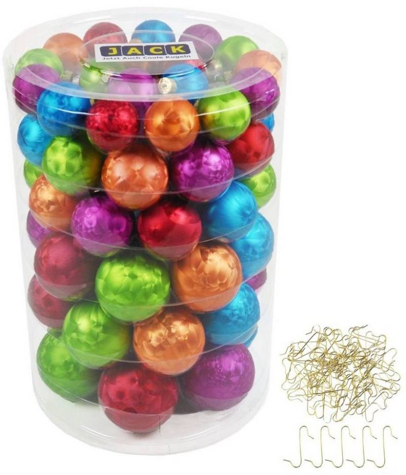 JACK Christbaumschmuck JACK 60x Inge Glas Christbaumkugeln 4 5 6 7 cm Eislack Bunt + Haken, inklusive praktischer Aufbewahrungsbox + Haken, Made in Germany von JACK