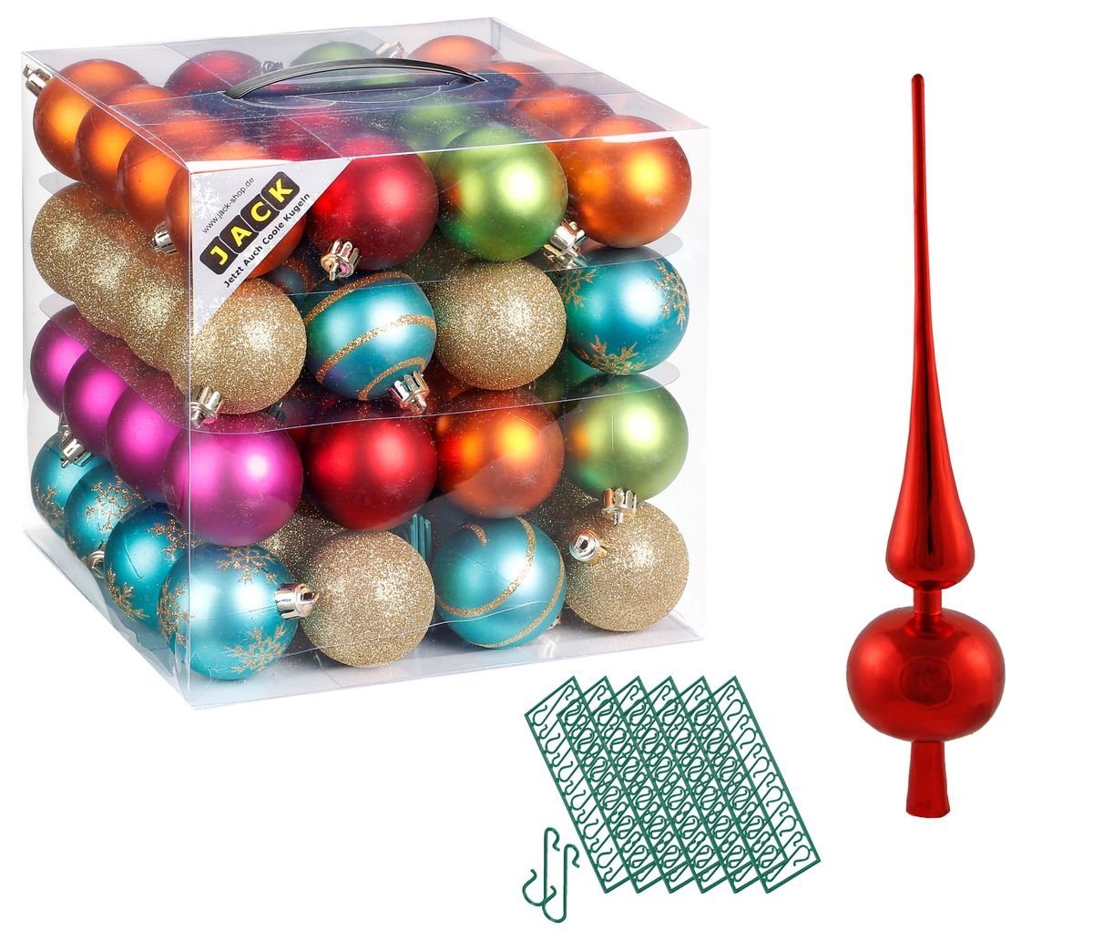 JACK Christbaumschmuck JACK 64x Kunststoff Christbaumkugeln Ø6cm + Spitze 28cm inkl Aufhänger, Kugeln: Bunt, Spitze: Rot JACK Christbaumschmuck JACK 64x Kunststoff Christbaumkugeln Ø6cm + Spitze 28cm inkl Aufhänger, Kugeln: Bunt, Spitze: Rot von JACK