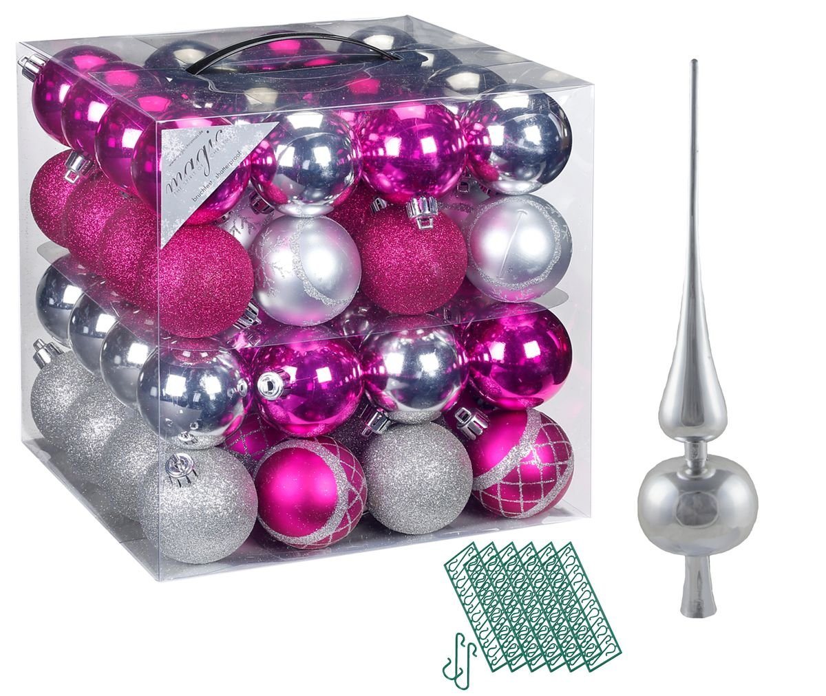 JACK Christbaumschmuck JACK 64x Kunststoff Christbaumkugeln Ø6cm + Spitze 28cm inkl Aufhänger, Kugeln: Pink-Silber, Spitze: Silber JACK Christbaumschmuck JACK 64x Kunststoff Christbaumkugeln Ø6cm + Spitze 28cm inkl Aufhänger, Kugeln: Pink-Silber, Spitze: Silber von JACK