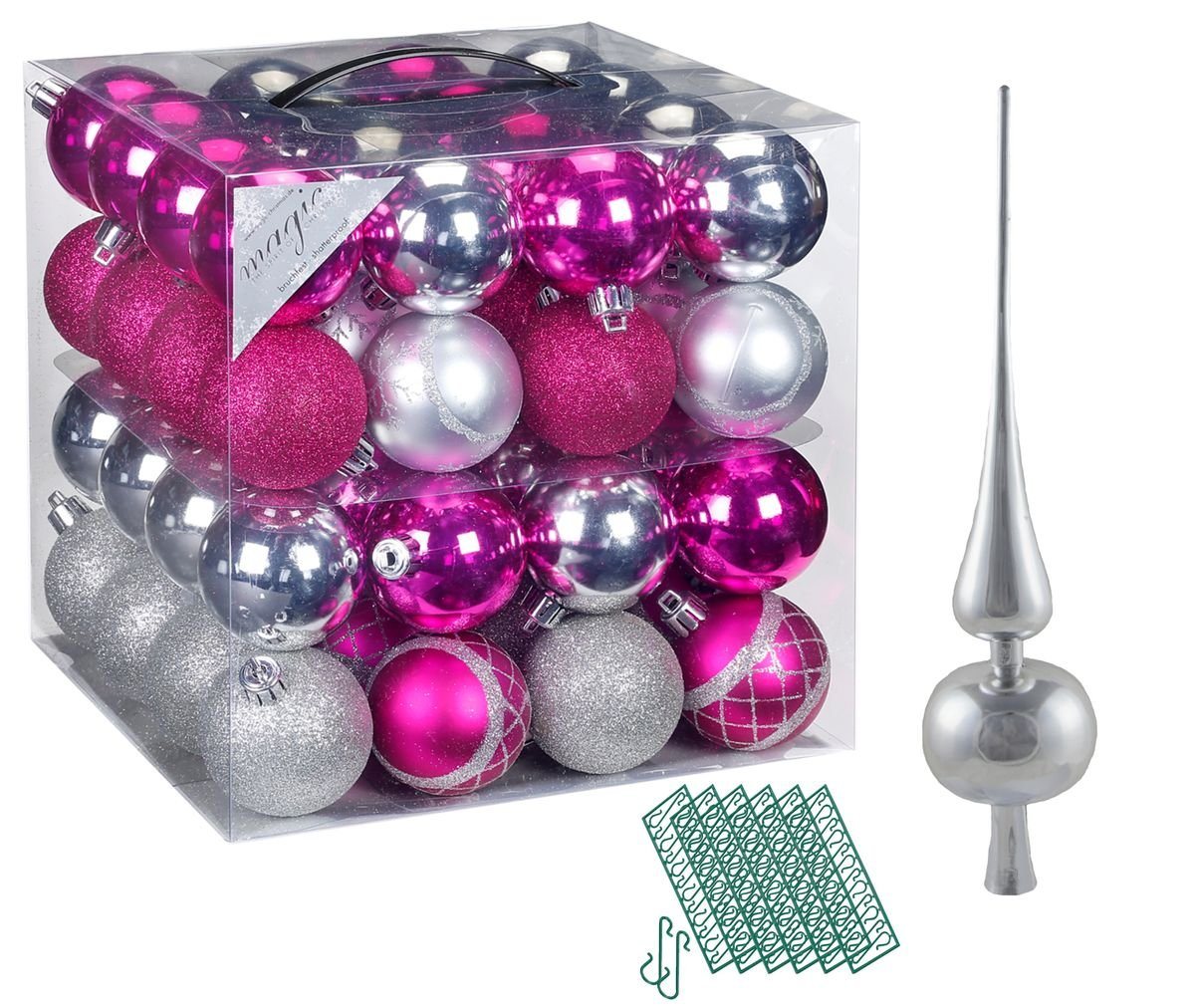 JACK Christbaumschmuck JACK 64x Kunststoff Christbaumkugeln Ø6cm + Spitze 28cm inkl Aufhänger, Kugeln: Pink-Silber, Spitze: Silber von JACK