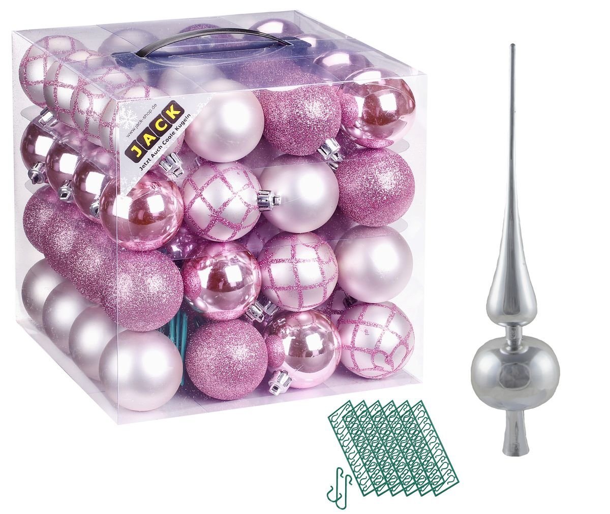 JACK Christbaumschmuck JACK 64x Kunststoff Christbaumkugeln Ø6cm + Spitze 28cm inkl Aufhänger, Kugeln: Rosa, Spitze: Silber JACK Christbaumschmuck JACK 64x Kunststoff Christbaumkugeln Ø6cm + Spitze 28cm inkl Aufhänger, Kugeln: Rosa, Spitze: Silber von JACK