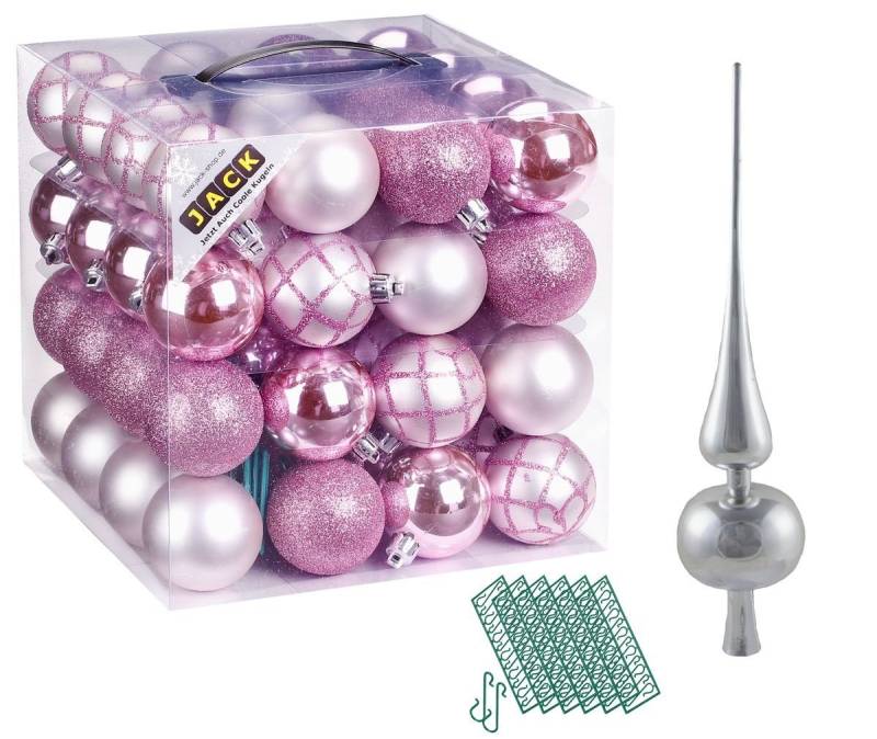 JACK Christbaumschmuck JACK 64x Kunststoff Christbaumkugeln Ø6cm + Spitze 28cm inkl Aufhänger, Kugeln: Rosa, Spitze: Silber von JACK