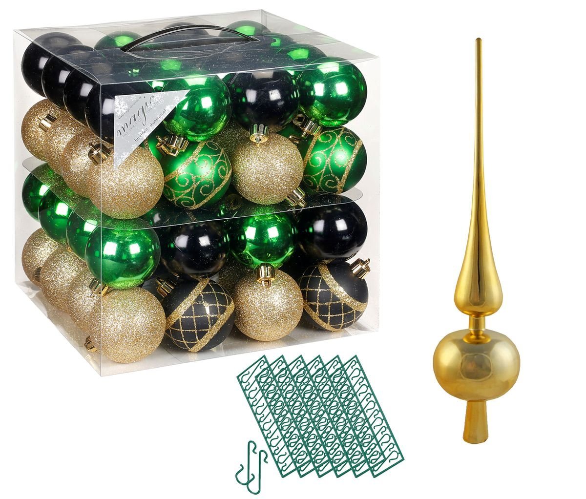JACK Christbaumschmuck JACK 64x Kunststoff Christbaumkugeln Ø6cm + Spitze 28cm inkl Aufhänger, Kugeln: Schwarz-Grün-Gold, Spitze: Gold JACK Christbaumschmuck JACK 64x Kunststoff Christbaumkugeln Ø6cm + Spitze 28cm inkl Aufhänger, Kugeln: Schwarz-Grün-Gold, Spitze: Gold von JACK