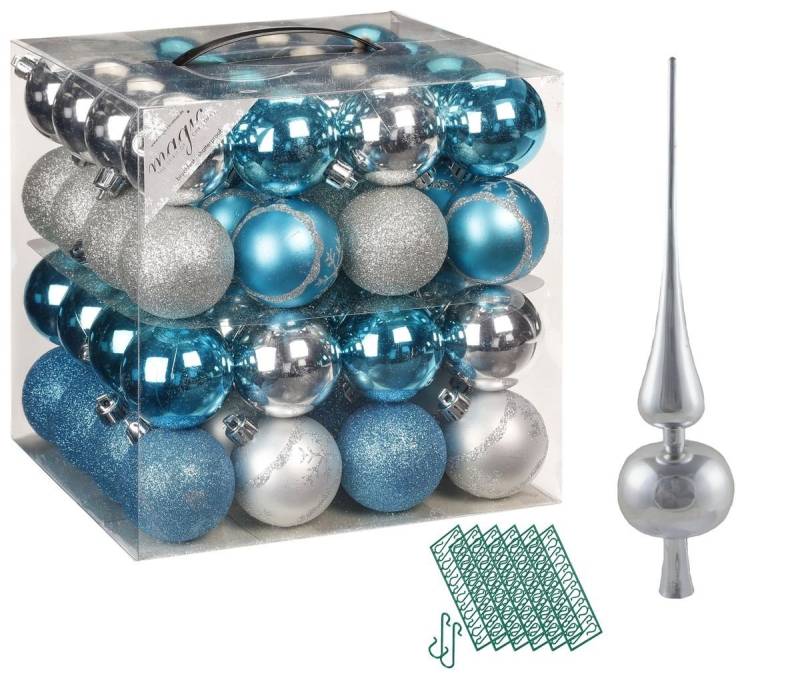 JACK Christbaumschmuck JACK 64x Kunststoff Christbaumkugeln Ø6cm + Spitze 28cm inkl Aufhänger, Kugeln: Türkis-Silber, Spitze: Silber JACK Christbaumschmuck JACK 64x Kunststoff Christbaumkugeln Ø6cm + Spitze 28cm inkl Aufhänger, Kugeln: Türkis-Silber, Spitze: Silber von JACK
