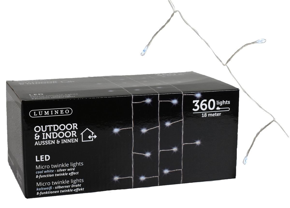 Lumineo LED-Lichterkette Micro LED Lichterkette 360 LEDs Kaltweiß 18m 8 Funktionen Innen Außen, mit Steuerung am Netzteil, für die 8 verschiedenen Lichtfunktionen von Lumineo