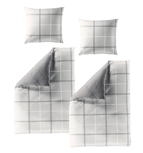 JACK by Bierbaum Biber Wende Bettwäsche 4 TLG. 135x200cm Karos Streifen Modern Grau Offwhite Anthrazit von JACK