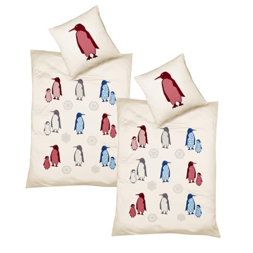 JACK by Fleuresse 4tlg. Fein Biber Bettwäsche 135x200cm Pinguin Rot Blau Grau Creme von JACK