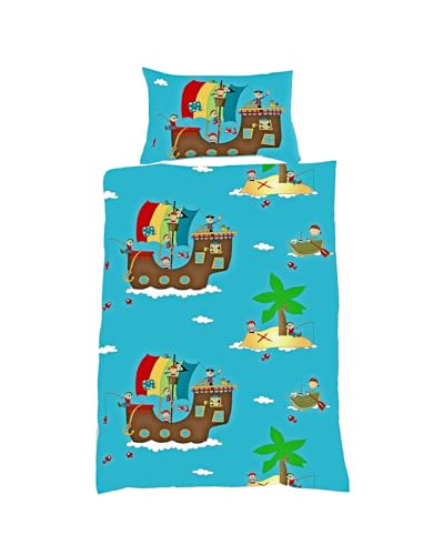 JACK by Fleuresse Kinder Biber Baby Bettwäsche 2 TLG. 100x135cm Pirat Schiff Abenteuer Blau Bunt Reißverschluss von JACK