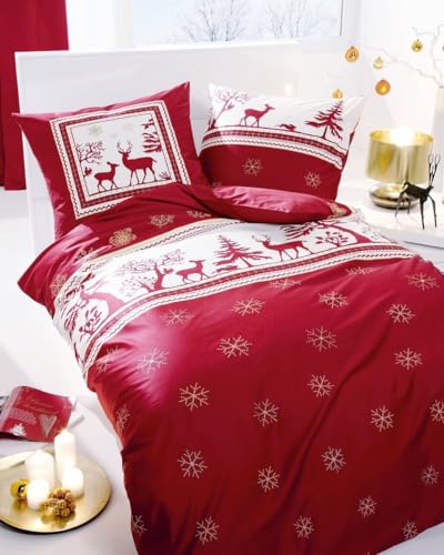 JACK by Kaeppel Fein Biber Bettwäsche 2 TLG. 135x200cm Christmas Night Hirsche Rehe Rot Creme von JACK