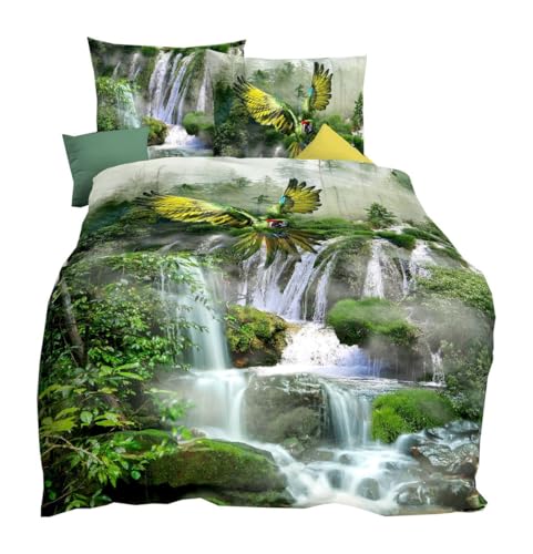 JACK by Kaeppel Mako Satin Digitaldruck Bettwäsche 2 TLG. Wasserfall Papagei Dschungel Regenwald Waterfall, Größe:155x220cm Bettwäsche von JACK