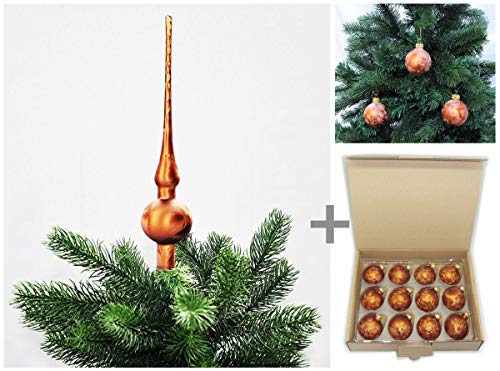 JACK by Thüringer Glas Eislack Christbaumspitze 28cm + 12x Christbaumkugeln 6cm Spitze Weihnachtskugel Set, Farbe:Braun Eislack von JACK