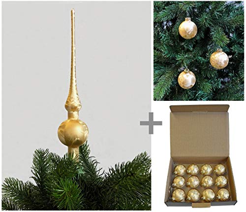 JACK by Thüringer Glas Eislack Christbaumspitze 28cm + 12x Christbaumkugeln 6cm Spitze Weihnachtskugel Set, Farbe:Gold von JACK