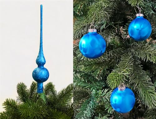 JACK by Thüringer Glas Eislack Christbaumspitze 28cm + 12x Christbaumkugeln 6cm Spitze Weihnachtskugel Set, Farbe:Meerblau von JACK