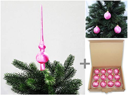 JACK by Thüringer Glas Eislack Christbaumspitze 28cm + 12x Christbaumkugeln 6cm Spitze Weihnachtskugel Set, Farbe:Pink Eislack von JACK