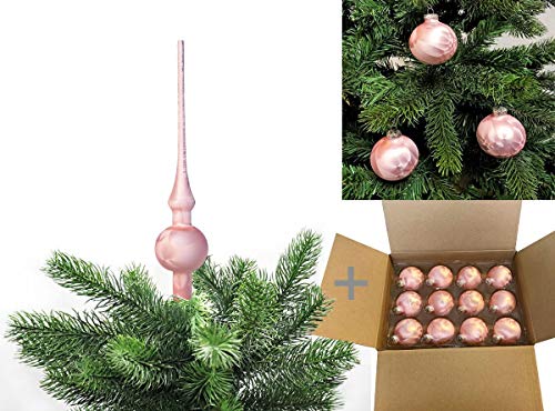 JACK by Thüringer Glas Eislack Christbaumspitze 28cm + 12x Christbaumkugeln 6cm Spitze Weihnachtskugel Set, Farbe:Rosé von JACK