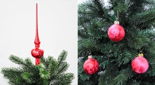 JACK by Thüringer Glas Eislack Christbaumspitze 28cm + 12x Christbaumkugeln 6cm Spitze Weihnachtskugel Set, Farbe:Rot Eislack von JACK
