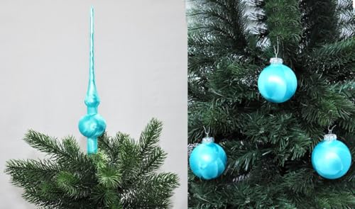 JACK by Thüringer Glas Eislack Christbaumspitze 28cm + 12x Christbaumkugeln 6cm Spitze Weihnachtskugel Set, Farbe:Türkis Eislack von JACK