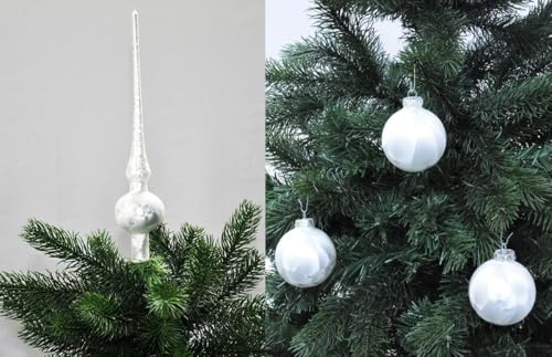 JACK by Thüringer Glas Eislack Christbaumspitze 28cm + 12x Christbaumkugeln 6cm Spitze Weihnachtskugel Set, Farbe:Weiß Eislack von JACK