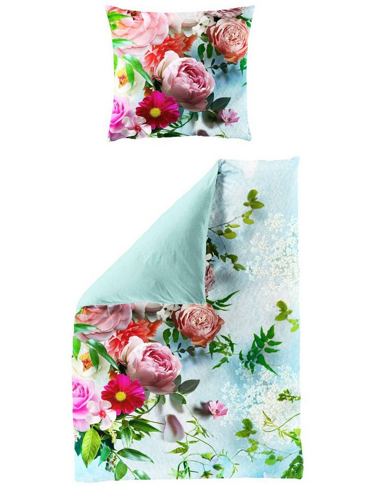 Wendebettwäsche 135x200cm Digitaldruck Blumen Pfingstrose Bierbaum, JACK, Mako-Satin, 2 teilig, bunt, rosa, grün, seidiger Glanz, elegantes Motiv von JACK