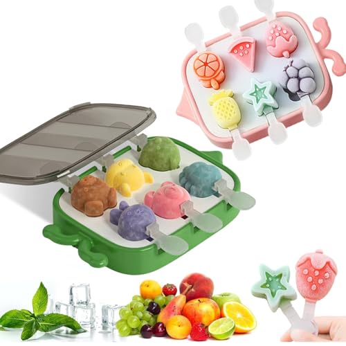 2 Stück Eisformen Kinder,12 Zellen Stieleisformen Eis Selber Machen Formen,Eisförmchen BPA Frei für Kinder,Wiederverwendbar Popsicle Formen Set mit Sticks und Deckel (Set 4 (Tiere und Früchte)) von JACKANNA