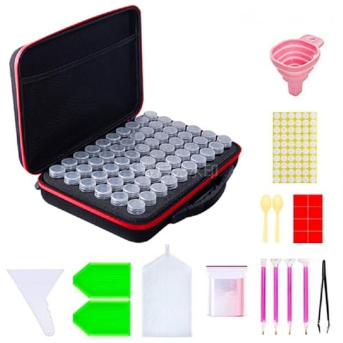 JACKANNA DIY Diamantmalerei Koffer Set 60-teilig - Tragbare Aufbewahrung für Diamantbilder mit Drehverschlussflaschen & Werkzeugtasche (Rot (60 Zellen)) von JACKANNA