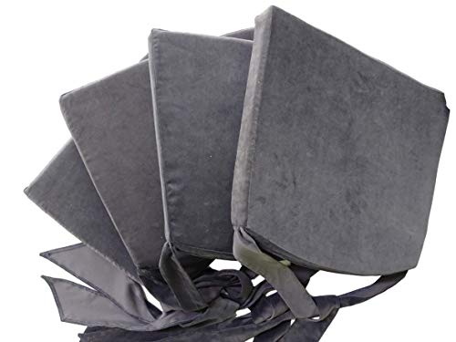 HDmirrorR Set mit 4er StuhlKissen mit einem Bogen Kordel Kissen für Rattan Stühle & mehr Stuhlauflage Velour - Samtsitz 43 x 40 x 5 cm Sitzkissen 4er-Pack (Graphit) von HDmirrorR