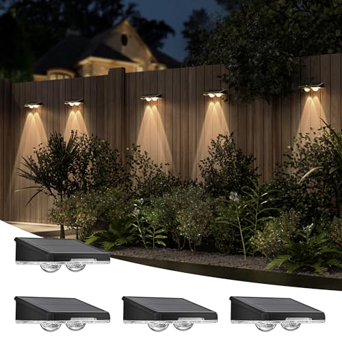 JACKYLED Solar Wandleuchte Aussen, Ultrahelle Solarlampen für Außen Wand, 2 Linsenscheinwerfer RGB LED Solar Zaunleuchten für Außen, Solarwandleuchten für Garten, Zaun, Terrasse (4 Stück) von JACKYLED