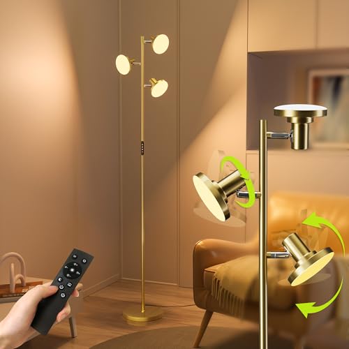 JACKYLED Stehlampe Wohnzimmer, 3-flammige LED Stehlampe, einzeln steuerbar mit Farb- und Helligkeitswechsel, Fernbedienung & Tastensteuerung für Büro & Schlafzimmer (Gold) von JACKYLED