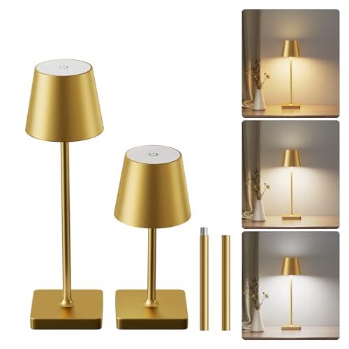 JACKYLED Tischlampe Kabellos, Wiederaufladbare LED Tischlampe Akku, 2 Höhen Verstellbar, 3 Farbtemperaturen Dimmbar, Für Schlafzimmer & Außenbereiche, 2 Stück (Gold) von JACKYLED