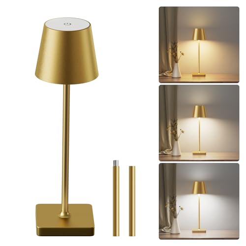 JACKYLED Tischlampe Kabellos, Wiederaufladbare LED Tischlampe Akku, 3 Farbtemperaturen Dimmbar, Für Schlafzimmer & Außenbereiche, Gold (1 Stück) von JACKYLED