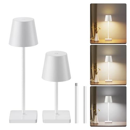 JACKYLED Tischlampe Kabellos, Wiederaufladbare LED Tischlampe mit Akku, 2 Höhen Verstellbar, 3 Farbtemperaturen Dimmbar, Für Schlafzimmer & Außenbereiche, 2 Stück (Weiß) von JACKYLED