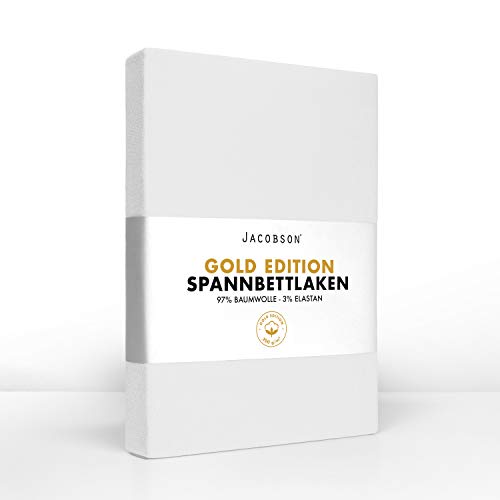 Jacobson Gold Edition Jersey Spannbettlaken Spannbetttuch Baumwolle mit ELASTAN ca. 200 g/m² (Topper 140-160x200 cm, Weiss) von JACOBSON